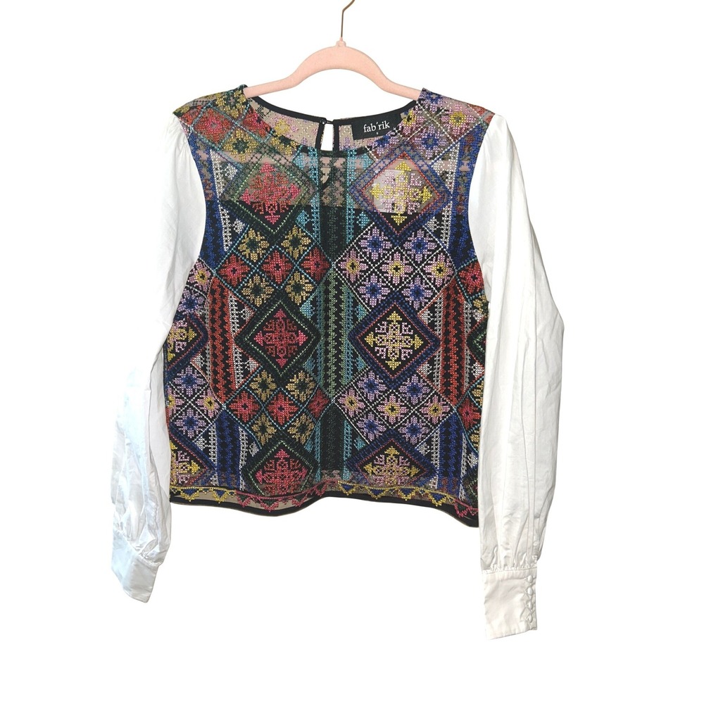 NWT Fab'rik Fay Embroidered Top Black Multi Color Mesh Geometric Long Sleeve S